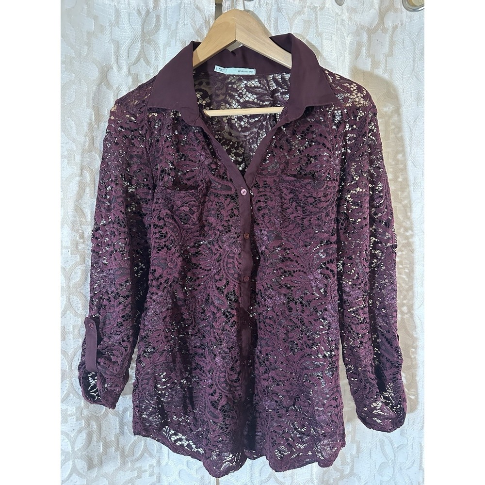 Maurice's Maroon Sheer Mesh Embroidered Lace Size L Cottagecore Festival
